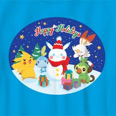 pokemon christmas card with snowman, pikachu, and other cartoon characters in the background