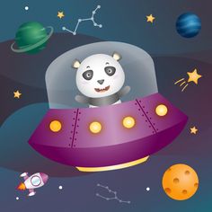 a panda in a space ship with planets and stars