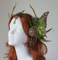 Mucha inspired Absinthe fairy headdress with green iridescent butterfly wings made by me from start to finish from a laminated iridescent film, Fairy Headdress, Absinthe Fairy, Fairy Headpiece, Iridescent Butterfly, Butterfly Crown, Fairy Butterfly, Brass Filigree, Fairy Wedding, Head Dress