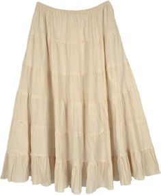 An elegant beige colored tiered midi skirt in cotton that keeps you comfy and cool this season.  This skirt comes with an elastic waist and pockets on the sides for convenience. #tlb #TieredSkirt #Peasant #Pocket #Fall #Solid #FairycoreSkirt #TieredSkirt #PixieSkirt Cream Cotton Ruffled Skirt, Beige Cotton Skirt With Ruffles, Cream Tiered Maxi Skirt With Gathered Details, Cream Tiered Gathered Maxi Skirt, Beige Relaxed Fit Cotton Maxi Skirt, Beige Cotton Tiered Maxi Skirt, Beige Relaxed Tiered Maxi Skirt, Beige Tiered Skirt, Relaxed Beige Tiered Maxi Skirt