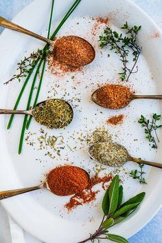 several spoons filled with spices on top of a white plate