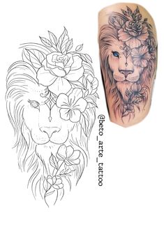 a lion with flowers on its head next to a tattoo