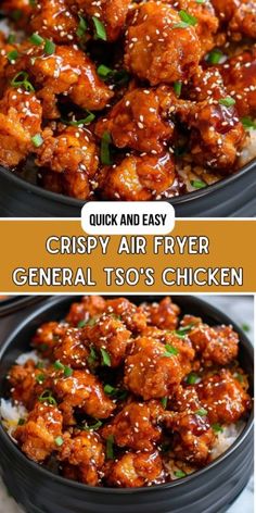 two pictures with the words crispy air fryer general tso's chicken