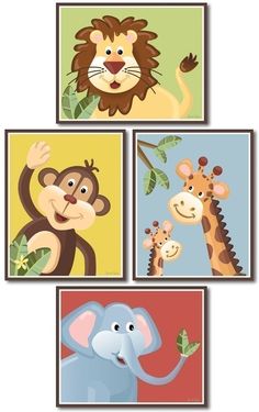 four different pictures of animals and giraffes with green leaves on the bottom