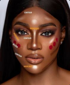 Highlighter Makeup Black Women, Contour Makeup For Black Women, Best Makeup For Black Women, How To Highlight Face, Biracial Makeup Looks, Makeup For Headshots Tips, Dark Skin Tone Makeup, Oval Face Makeup Tips, Dark Skin Makeup Looks Eyeshadows