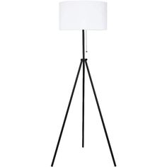 a black tripod floor lamp with a white shade on the top and bottom part