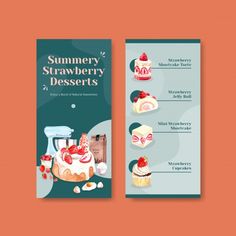 two bookmarks with different desserts and drinks on the front one has an image of a strawberry cake