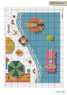 a cross stitch pattern with an image of the beach and umbrellas on it, as well as other items