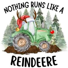 a green tractor driving through a forest filled with pine trees and reindeer antlers wearing a santa hat