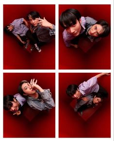 four different shots of a woman laying on the floor with her hands up to her face