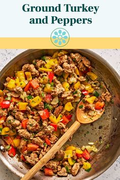 a pan filled with ground turkey and peppers