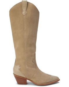 Suede upper. Manmade outsole. 2.5" heel height. 16.5" shaft height. Textile lining. Padded insole. Interior zipper closures. Imported. Beige Snip Toe Boots With Reinforced Heel, Western Heeled Boots With Suede Lining, Fitted Beige Boots With Leather Sole, Beige Low Heel Boots With Leather Sole, Beige Snip Toe Boots Medium Width, Beige Boots With Medium Width And Snip Toe, Beige Boots Medium Width Snip Toe, Western Style Beige Boots With Low Heel, Beige Western Boots With Low Heel