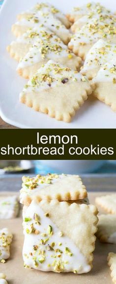 lemon shortbread cookies with white frosting and pistachio sprinkles