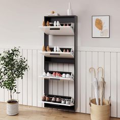 a room with white walls and wooden floors has a black shelf filled with pairs of shoes