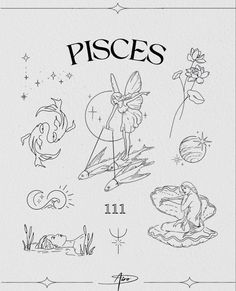 the pisces coloring book is shown in black and white, with illustrations on it