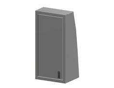 a tall gray cabinet sitting on top of a white wall