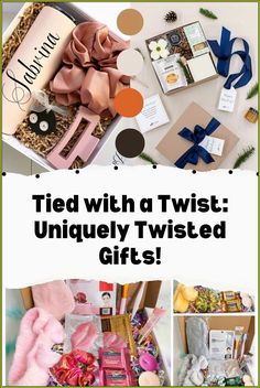 a collage of different items with the words tie with a twist uniquely twisted gifts