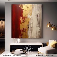 an abstract painting hangs on the wall in a modern living room with white and yellow accents