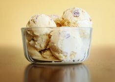 three scoops of ice cream in a glass bowl