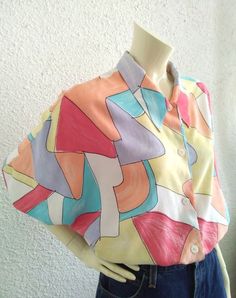 80s rare chalk print blouse, pop art colorful, short sleeve blouse, vacation shirt, summer top, pastel colors, viscose blouse, 44 size, colorblock, The blouse is beautiful but have near to the hem some flaws : two small pale yellow stains wich are barely visible and a very small hole near to the hem. If you use the blouse under a skirt or inside of a pair of jeans the flaws are not visible. Also have pale yellowi stain inside of the color wich is noy visible outside and two small holes near to t Spongebob Costume, Chalk Prints, Pastel Blouse, Viscose Blouse, Colorful Blouses, Funky Outfits, Vintage Flare, Drawing Inspo, Art Colorful