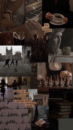 a collage of photos with people playing chess and writing on the wall in front of them