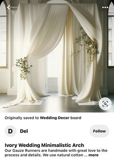 an advertisement for a wedding decor board on the app store's website, which features images of white drapes and greenery