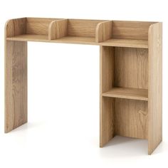 a wooden desk with two shelves on each side