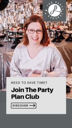 a woman sitting at a table in front of a sign that says join the party plan club