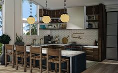 a kitchen with wooden cabinets and counter tops next to a dining room table in front of a large window