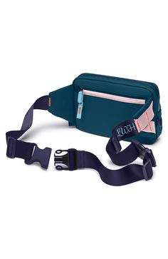 a blue fanny bag with an adjustable strap