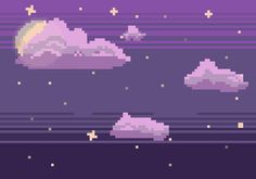 an image of pixel art with clouds and stars in the night sky, as well as other objects