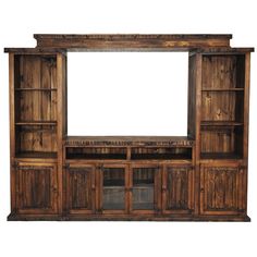 a large wooden entertainment center with shelves and doors on each side, open to reveal a white screen