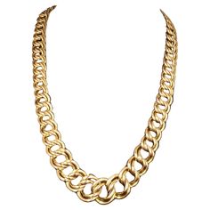 Offered by Alex & Co a refined Italian made double open oval link necklace. This chunky statement piece is crafted in 14 karat yellow gold and measures 21mm at its widest point at the center and tapers to 12mm. This very flexible piece is high polished throughout. The necklace measures 18.50 inches in length, weighs 57.46 grams and is secured by a lobster clasp. There is a hallmark and stamp "14K" "ITALY" Alex & Co founded in the greater Boston area for over 40 years, has been synonymous for fin Luxury Gold-tone Oval Link Necklace, Gold Link, Link Necklace, 40 Years, Jewellery And Watches, Precious Metals, Statement Pieces, Original Design, Lobster Clasp