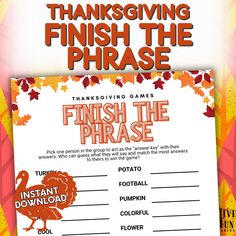 a thanksgiving trivia game with the words finish the phrase and an image of a turkey