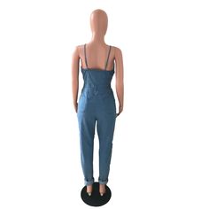 Plus Size Women Clothes Solid Color Slash Neck Sleeveless Spaghetti Strap Summer Buttons Bodycon Jumpsuit Solid Sleeveless Denim Jumpsuit For Summer, Sleeveless Solid Denim Jumpsuit For Summer, Casual Jumpsuits And Rompers With Spaghetti Straps, Casual Jumpsuits And Rompers With Spaghetti Straps And Suspenders, Trendy Sleeveless Jumpsuits And Rompers With Suspenders, Trendy Jumpsuits And Rompers With Adjustable Straps, Spring Fitted Overalls With Adjustable Straps, Trendy Fitted Overalls With Adjustable Straps, Sleeveless Jumpsuit With Straps