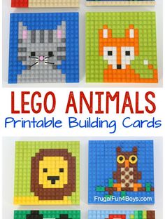 lego animals printable building cards with text overlay that reads lego animals printable building cards