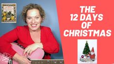 a woman holding a pink guitar in front of a blue wall with the words, the 12 days of christmas