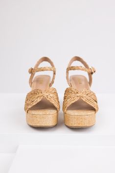 Raffia straw style knit Nude lightly cushioned insole Stacked heel Open toe Square toe Ankle strap with buckle closure Shaft: 5" Adjustable circumference Heel: 4" Platform: 1.5" Product measured on size 8 Womens Espadrilles Wedges, Raffia Sandals, Platform Block Heels, Platform Sandals Heels, Platform Heel, 4 Inch Heels, Toe Designs, Espadrilles Wedges, Heeled Sandals