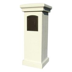 a white post with a mailbox on it's side and a black door