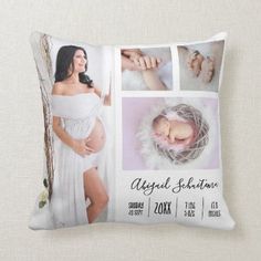 a photo collage of a pregnant woman and her baby's birth announcement pillow