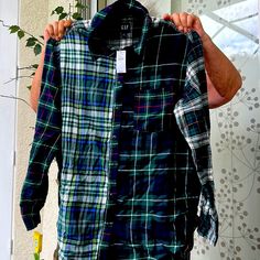 Men’s Plaid Front Pocket Lightweight Flannel Button Down Shirt Gap Blue Long Sleeve Shirt, Blue Long Sleeve Gap Shirt, Casual Shirts For Men, Casual Button Down Shirts, Front Pocket, Button Downs, Gap, Button Down Shirt, Color Blue