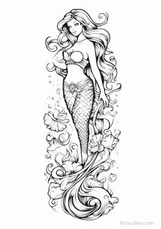 a drawing of a mermaid with long hair and flowers on the bottom half of her body