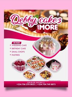 a flyer for desserts and more with images of cakes, pies, and pastries