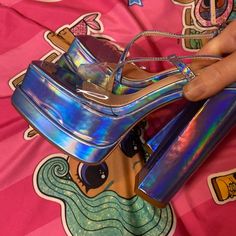 Vivianly | Shoes | Blue Holographic Heels | Poshmark Iridescent Round Toe Heels For Party, Holographic Heels, Shoes Blue, Blue Shoes, Blue And Silver, Bedroom Interior, Buckle, Size 6, Bedroom