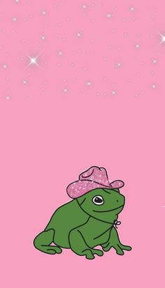 a green frog wearing a pink hat sitting on top of a pink background with stars