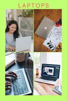 four different pictures with laptops on them