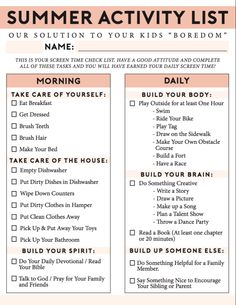 the summer activity list for kids to do with their parents on vacation, including games and activities