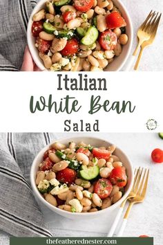 white bean salad with tomatoes, cucumbers and other vegetables