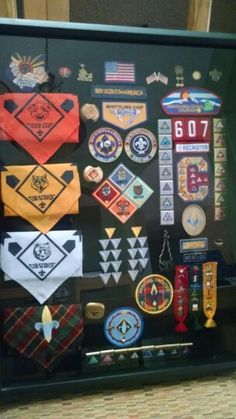 a display case filled with lots of different types of ties and badges on black paper