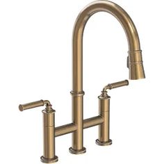 two handles faucet with side sprayer in satin brass finish for kitchen sink